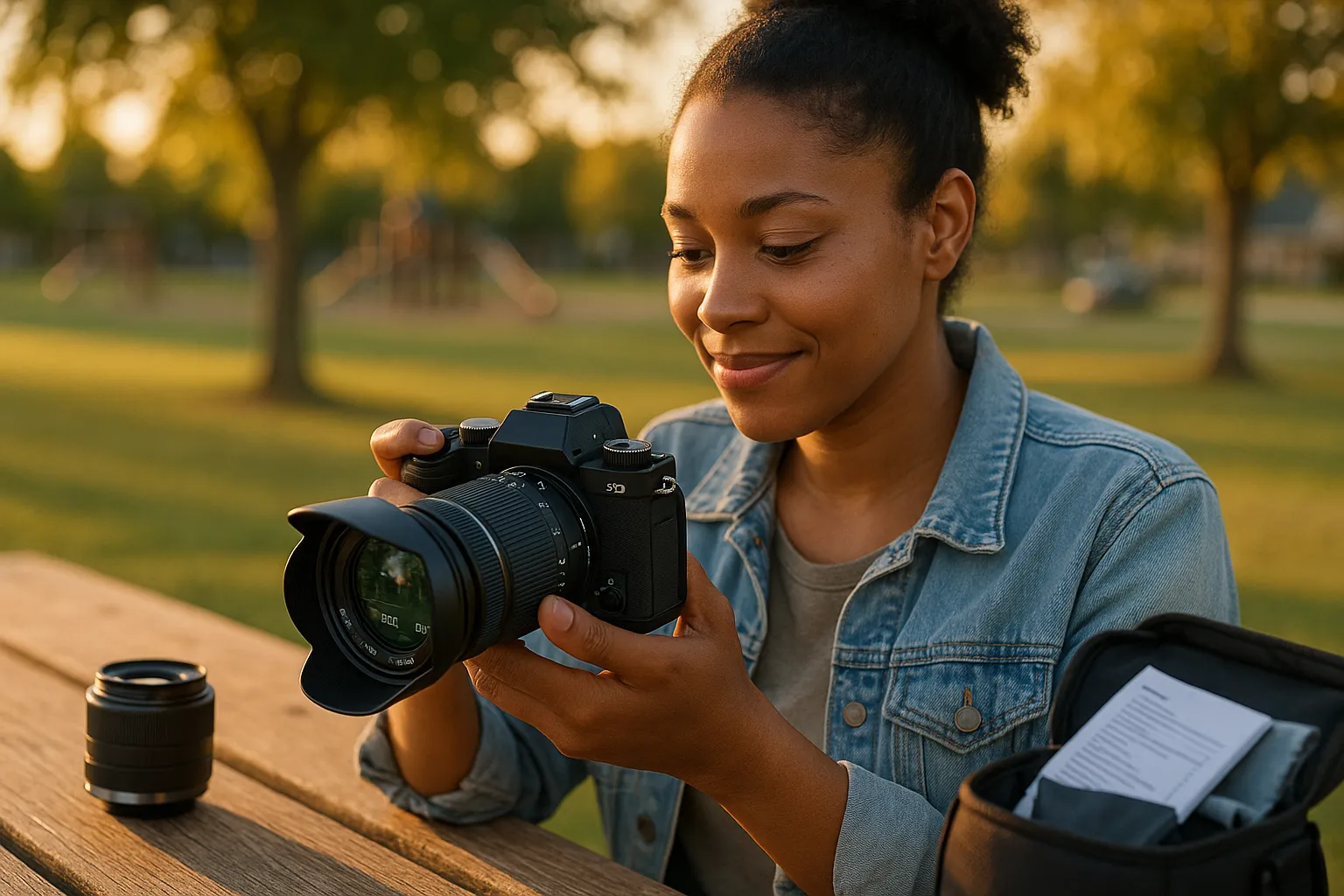 beginner photographer checking camera screen at golden-hour park