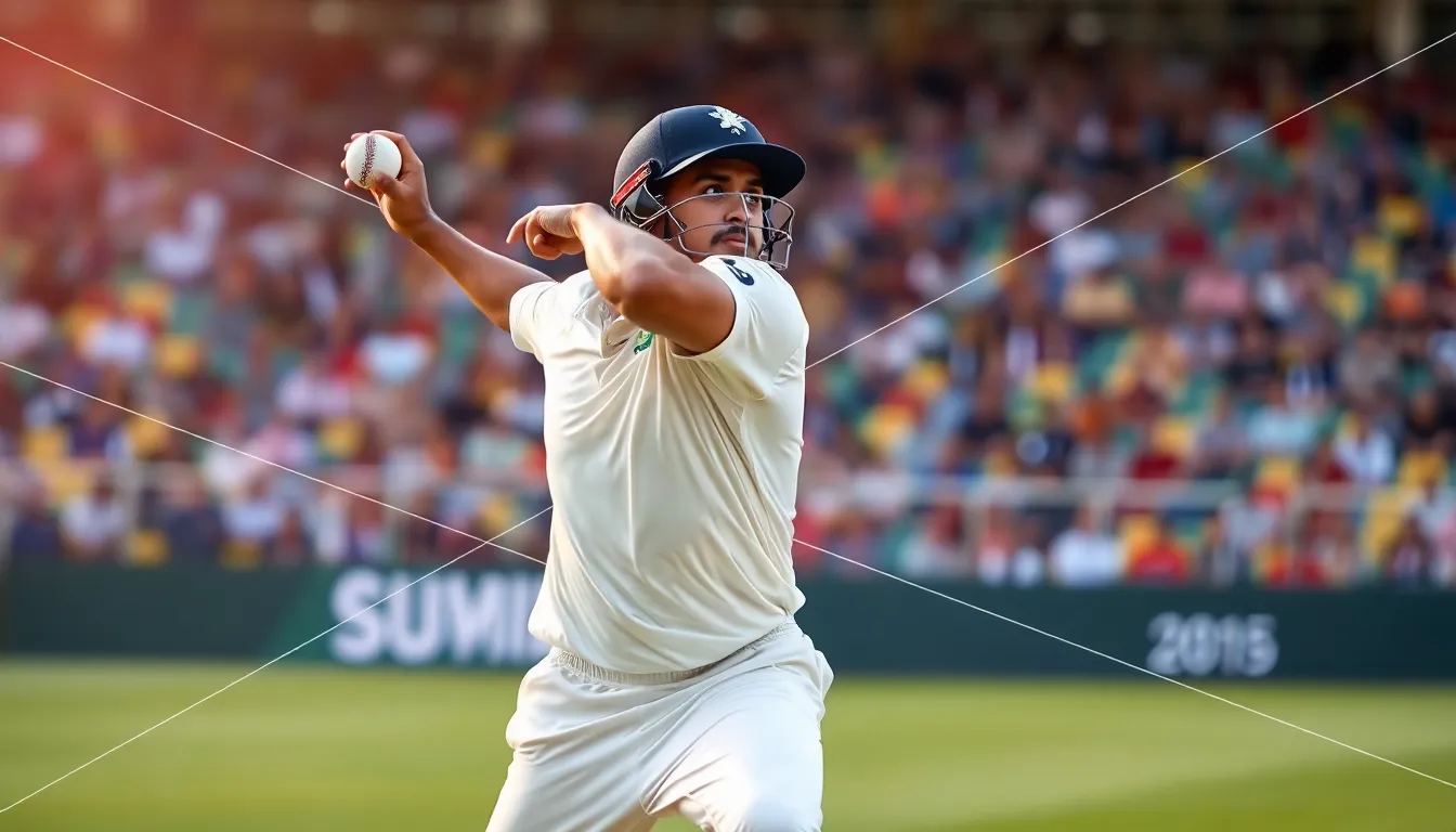 fast bowler delivering a ball in a vibrant sports stadium.