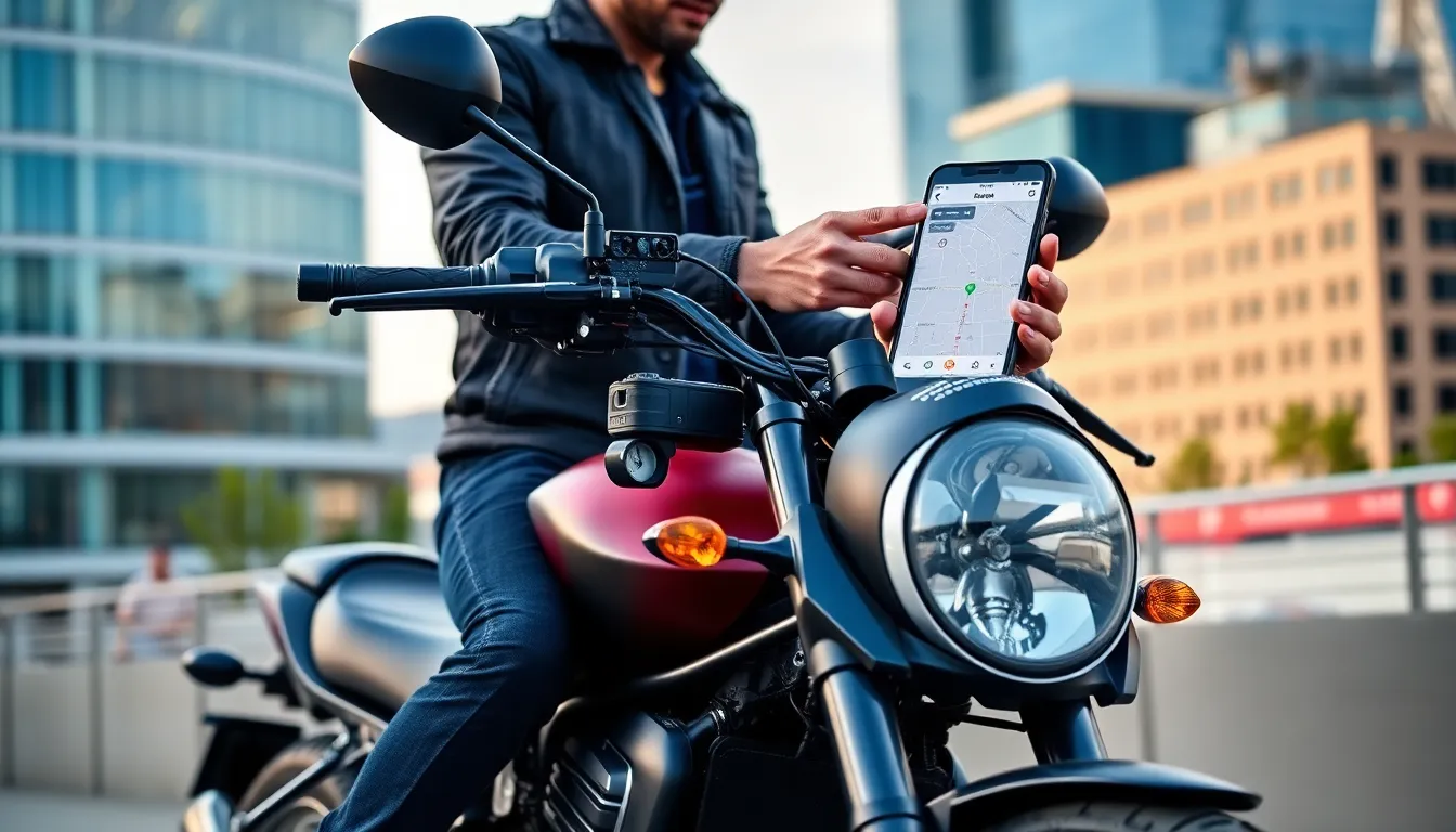 HarleySpy3 surveillance system displayed on a motorcycle in an urban setting.