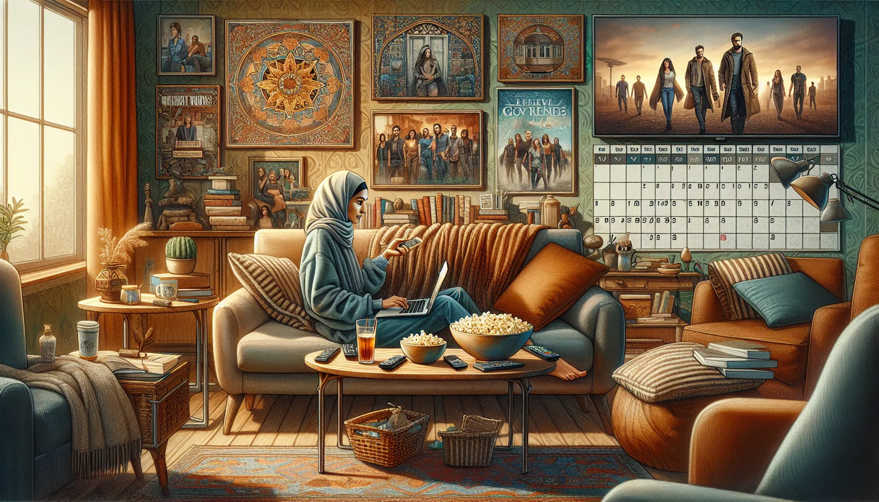 Person streaming a show with a calendar highlighting TV premiere dates.