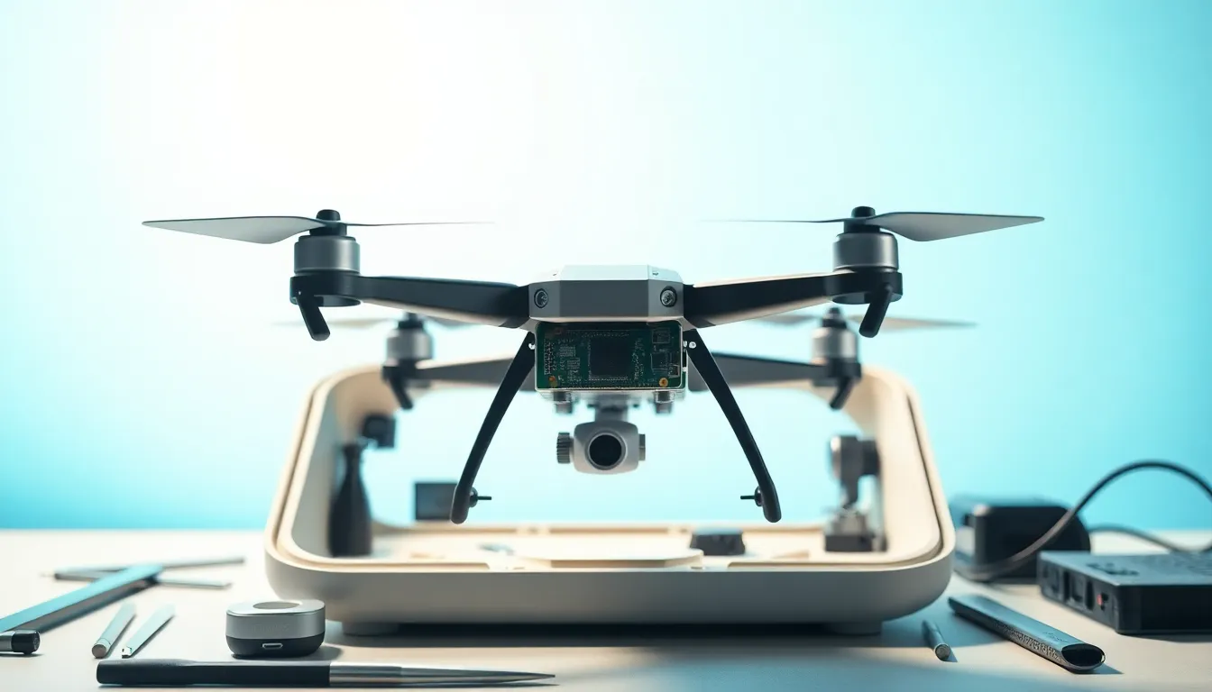 drone featuring a Raspberry Pi Zero in a bright sky setting.