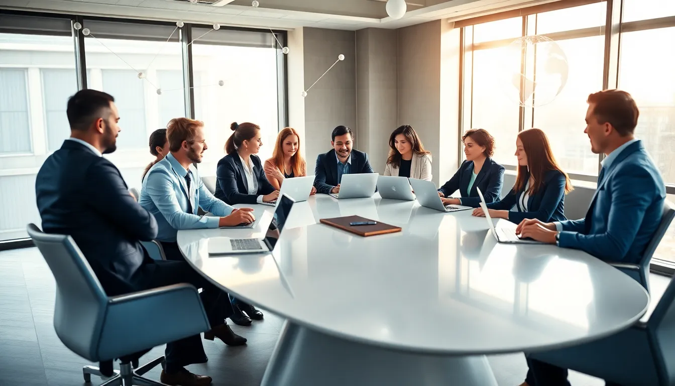diverse professionals collaborating in a modern office setting.