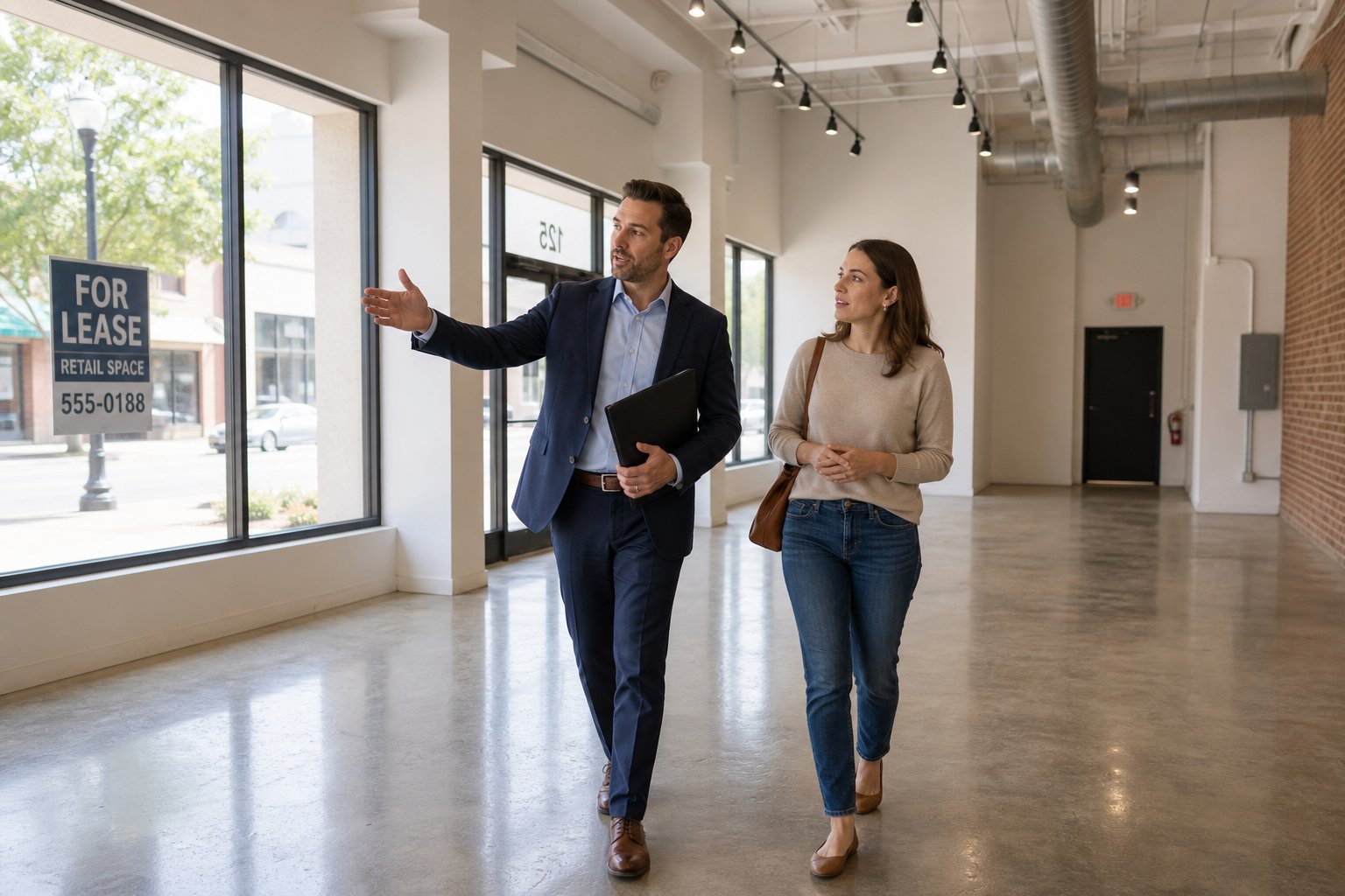 Commercial mortgage consultant showing a client around a bright vacant retail unit.