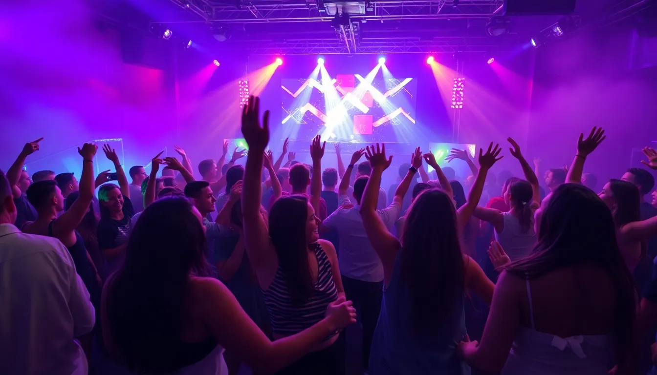 diverse crowd dancing at a vibrant music event.