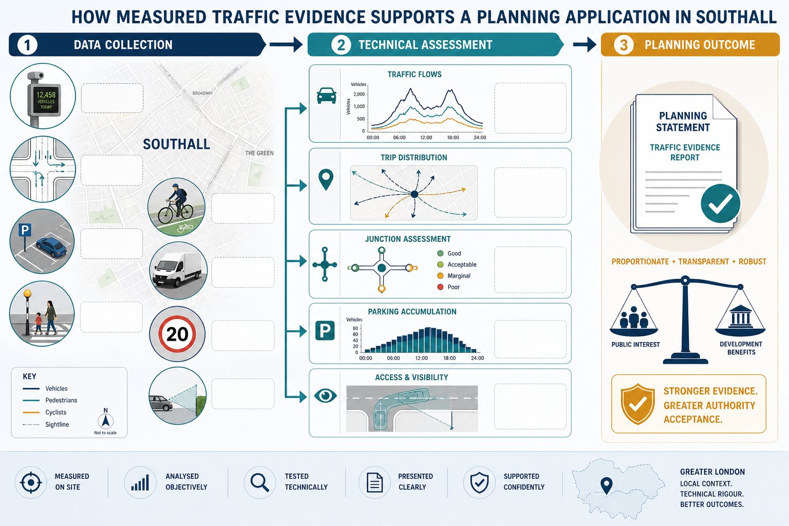 traffic survey data flowing into technical planning analysis for a Southall application