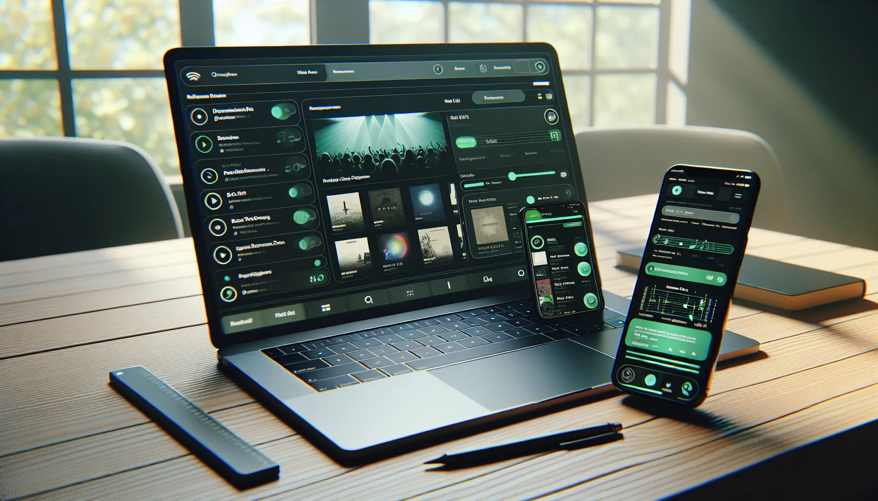 A laptop and a smartphone displaying the Spotify app interface on a wooden desk.