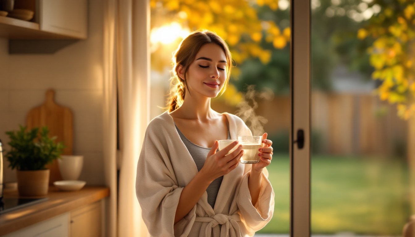 A woman sipping warm water in morning sunlight by an open kitchen door.