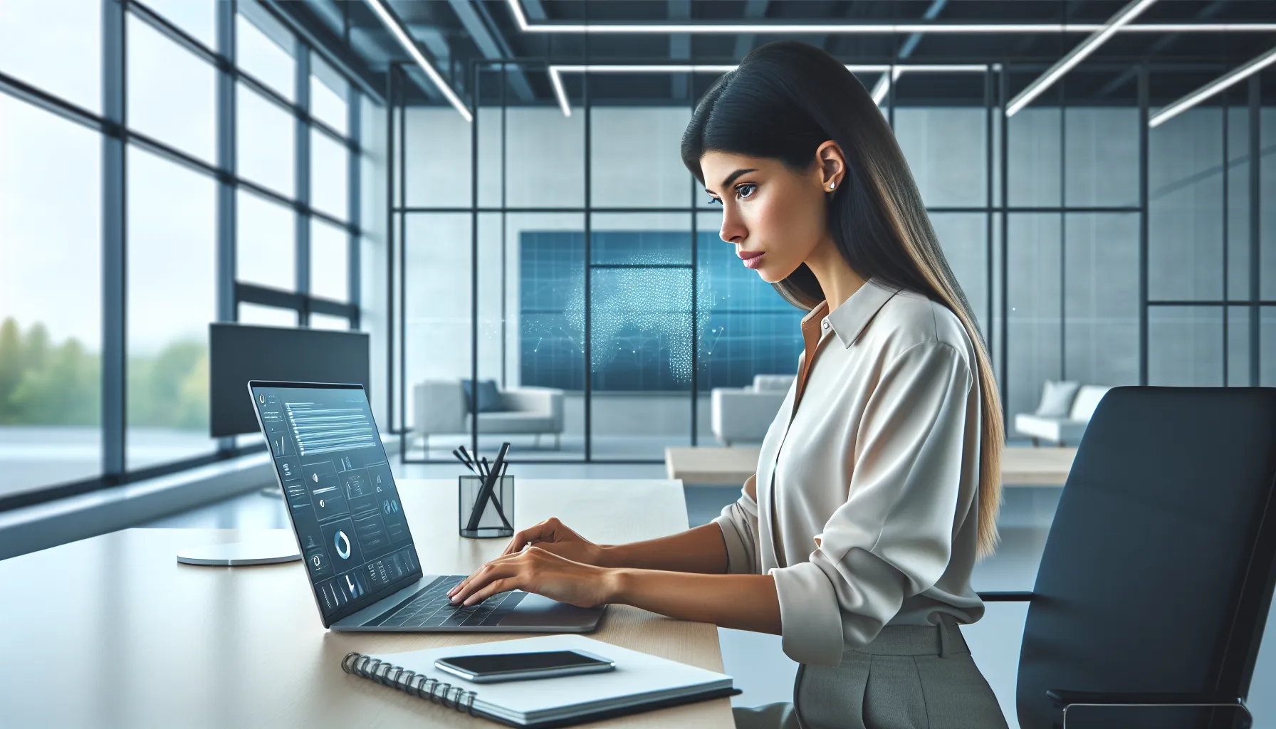 professional evaluating Widdeadvi software in a modern office.