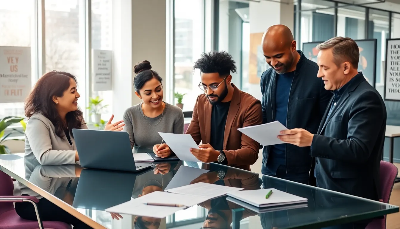 diverse professionals collaborating in a bright, modern office.