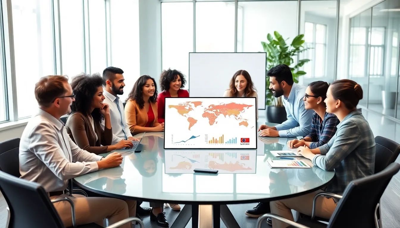 diverse professionals discussing cultural insights in a modern office.