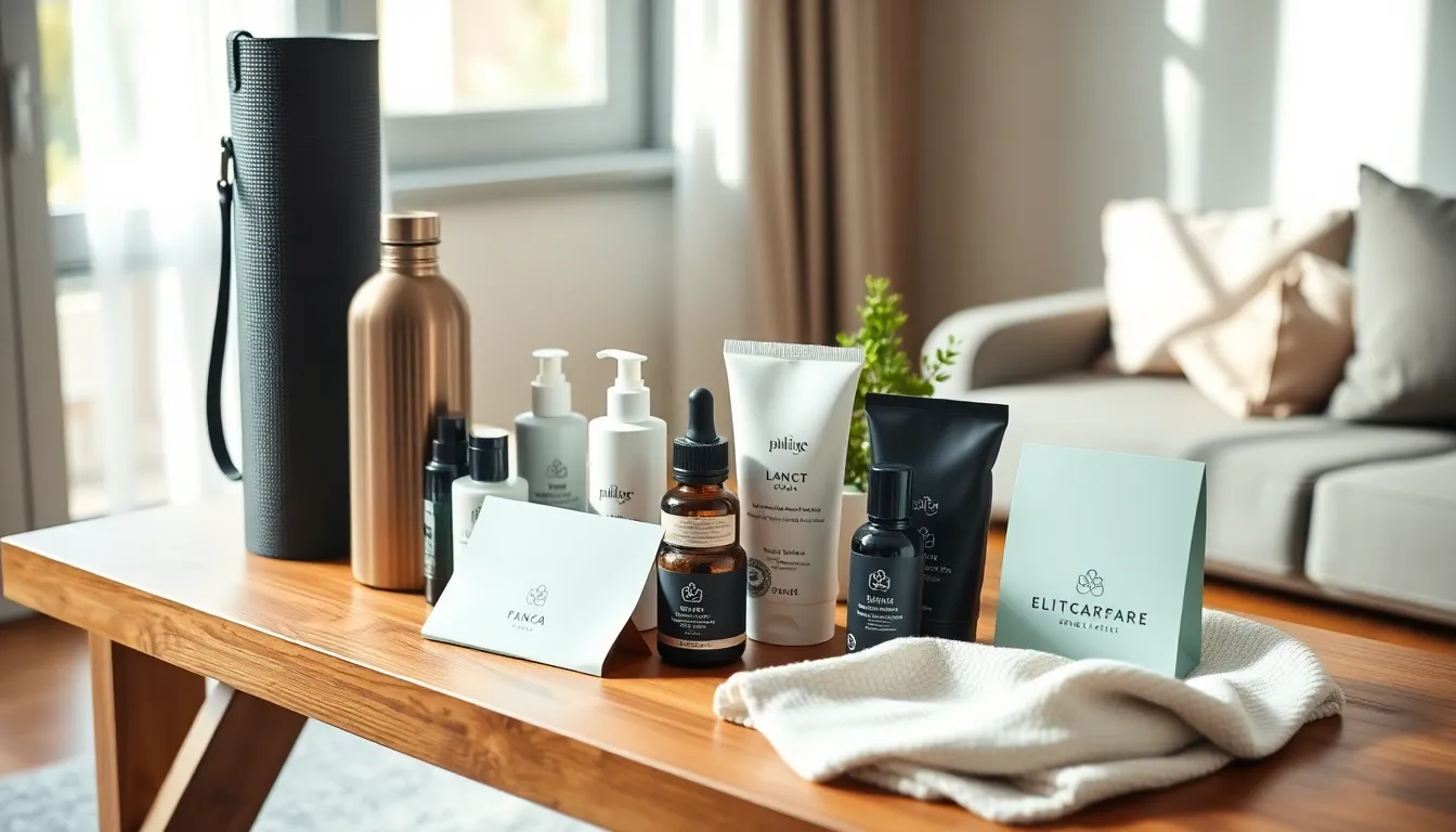 an array of wellness gifts for men on a wooden table.
