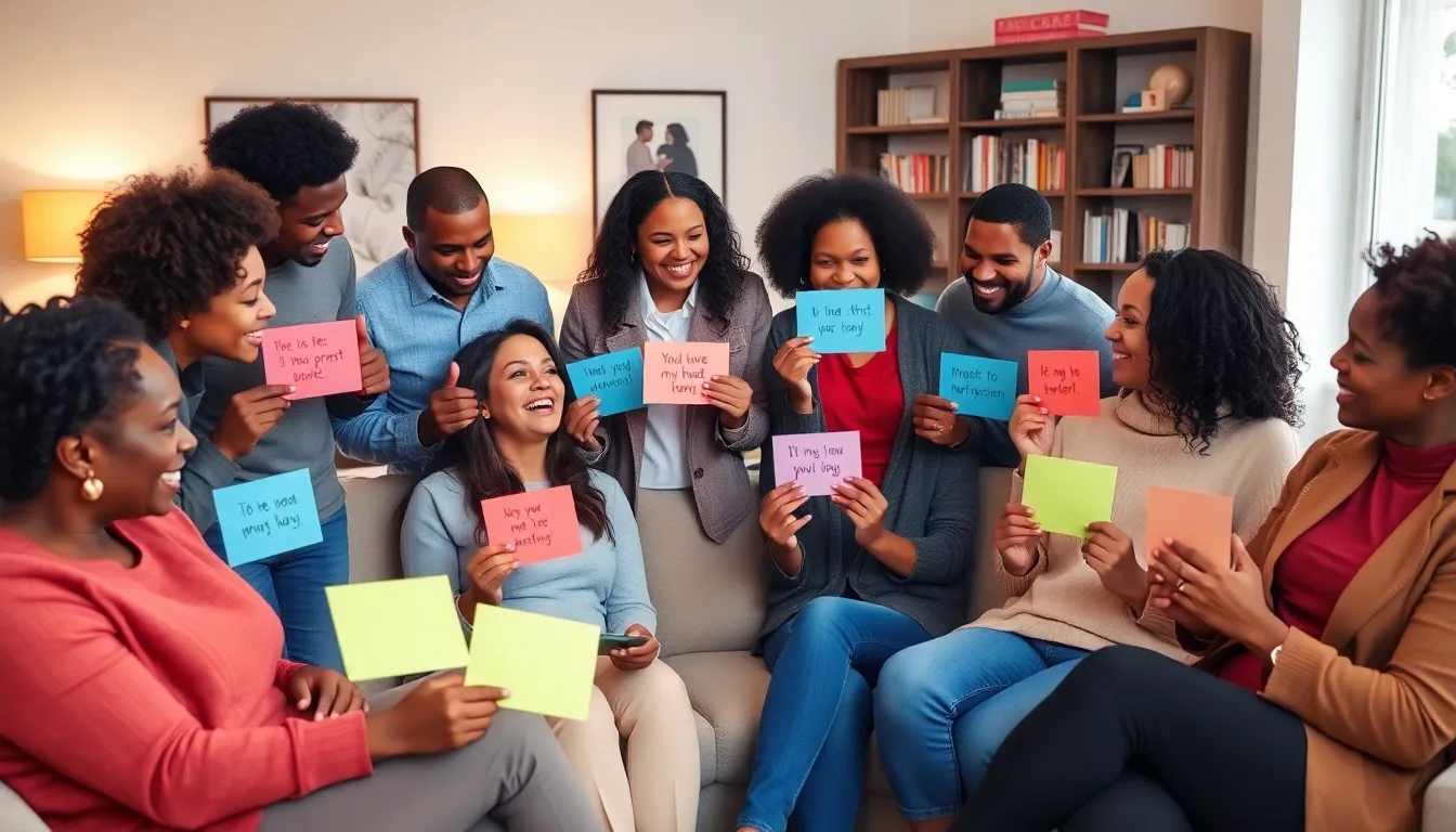 diverse single parents sharing uplifting quotes in a cozy living room.