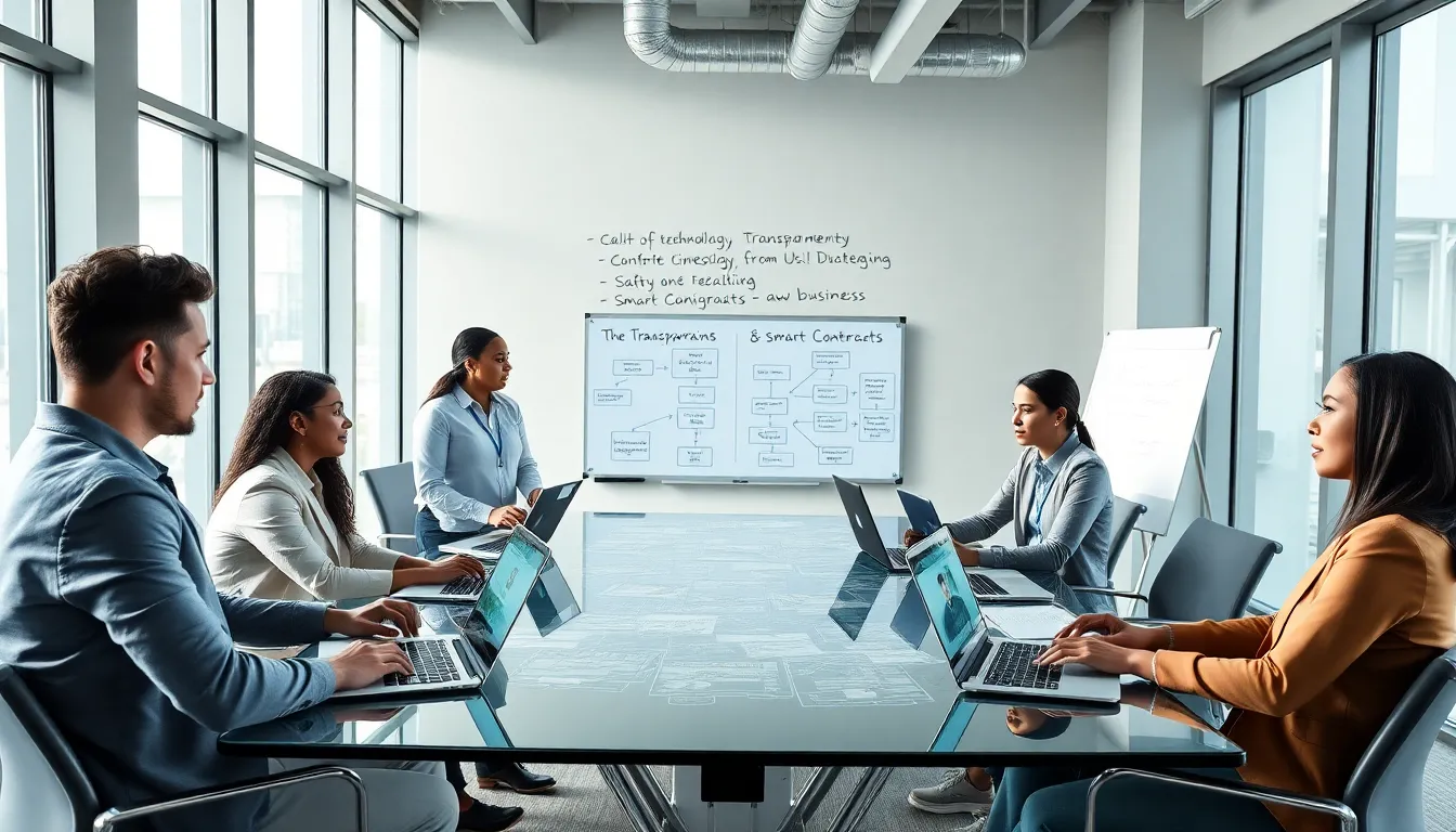 diverse professionals discussing blockchain technology in a modern office.