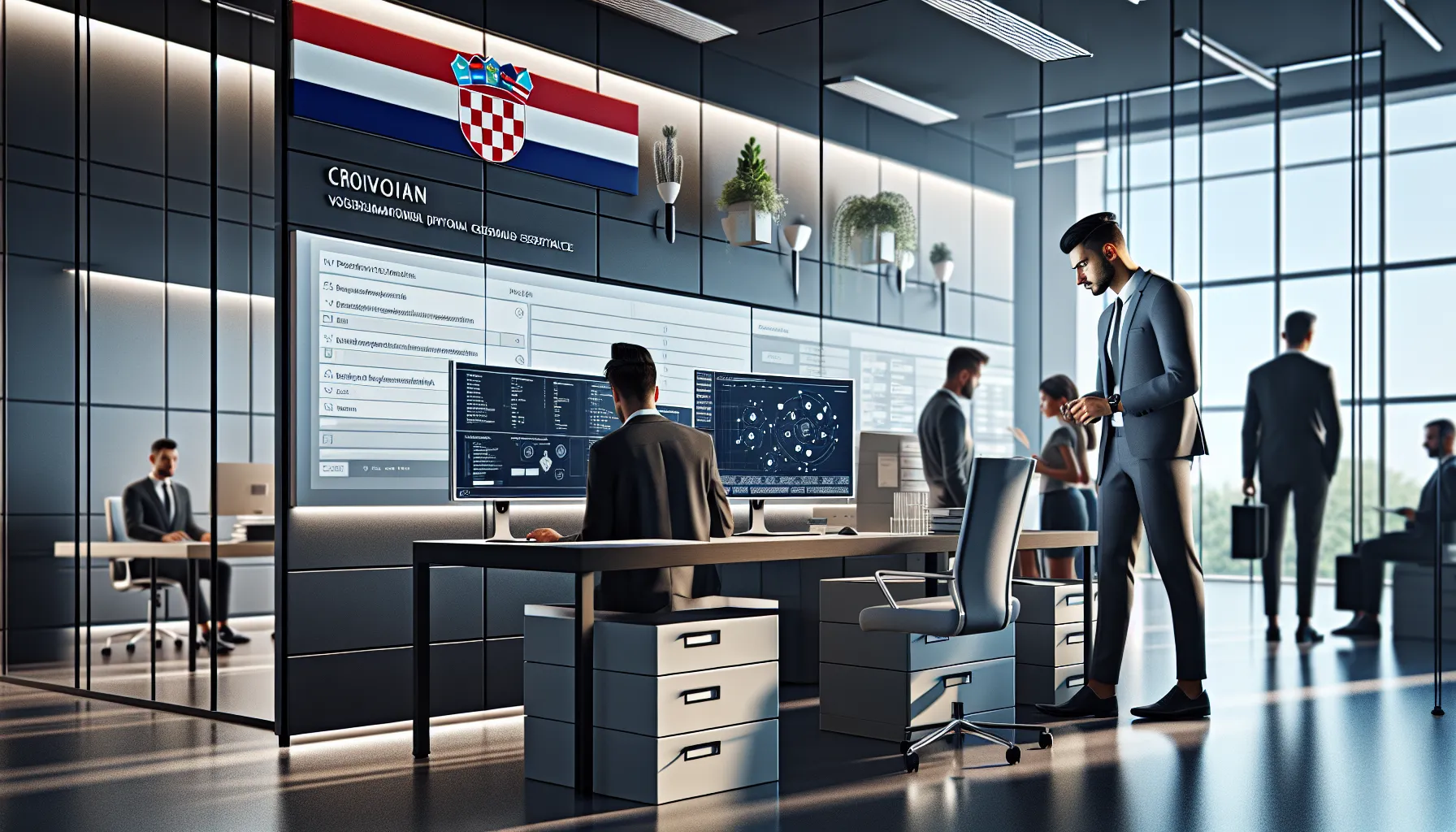 Croatian government office with officials providing vehicle verification services on computers