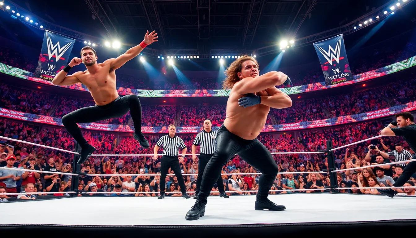 diverse wrestlers in a vibrant wrestling arena at a live event.