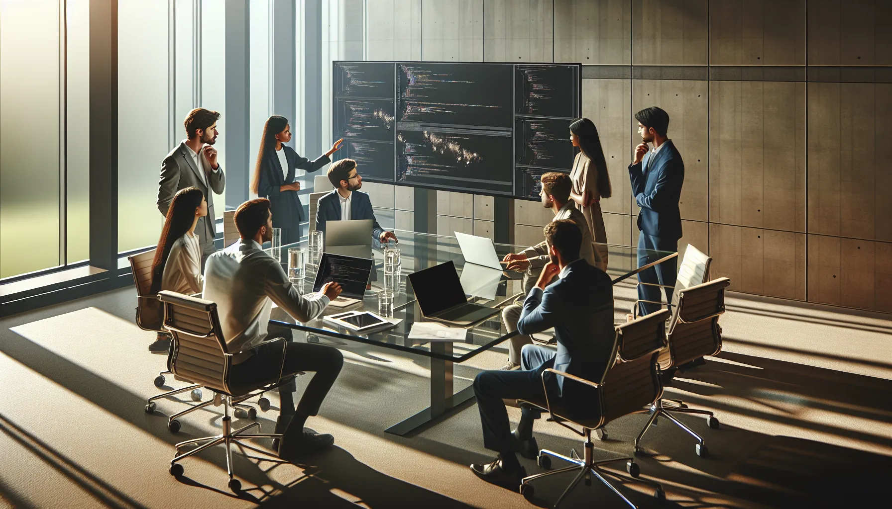 developers collaborating on fixing software bugs in a modern office.