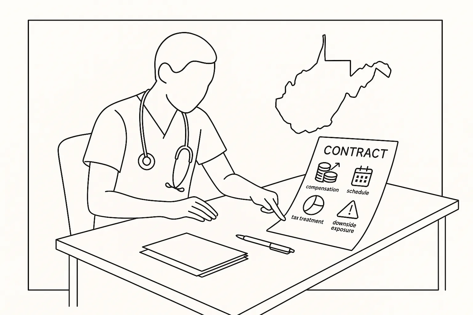Physician assistant reviewing a contract with compensation and tax icons.