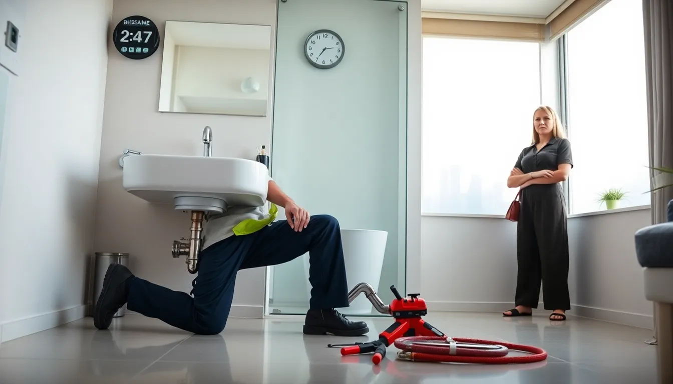 Emergency plumber fixing a burst pipe in a modern Brisbane bathroom.