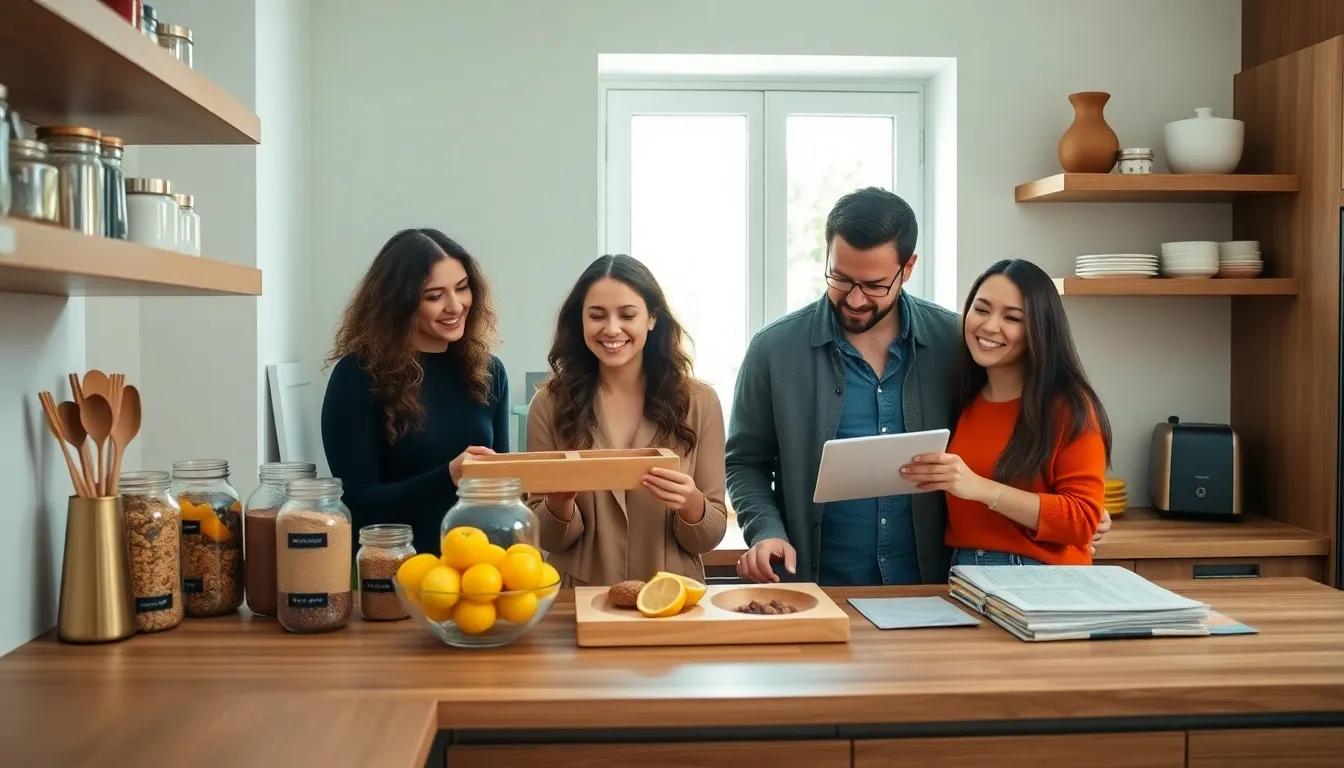 an organized kitchen with stylish DIY storage solutions and diverse people collaborating.