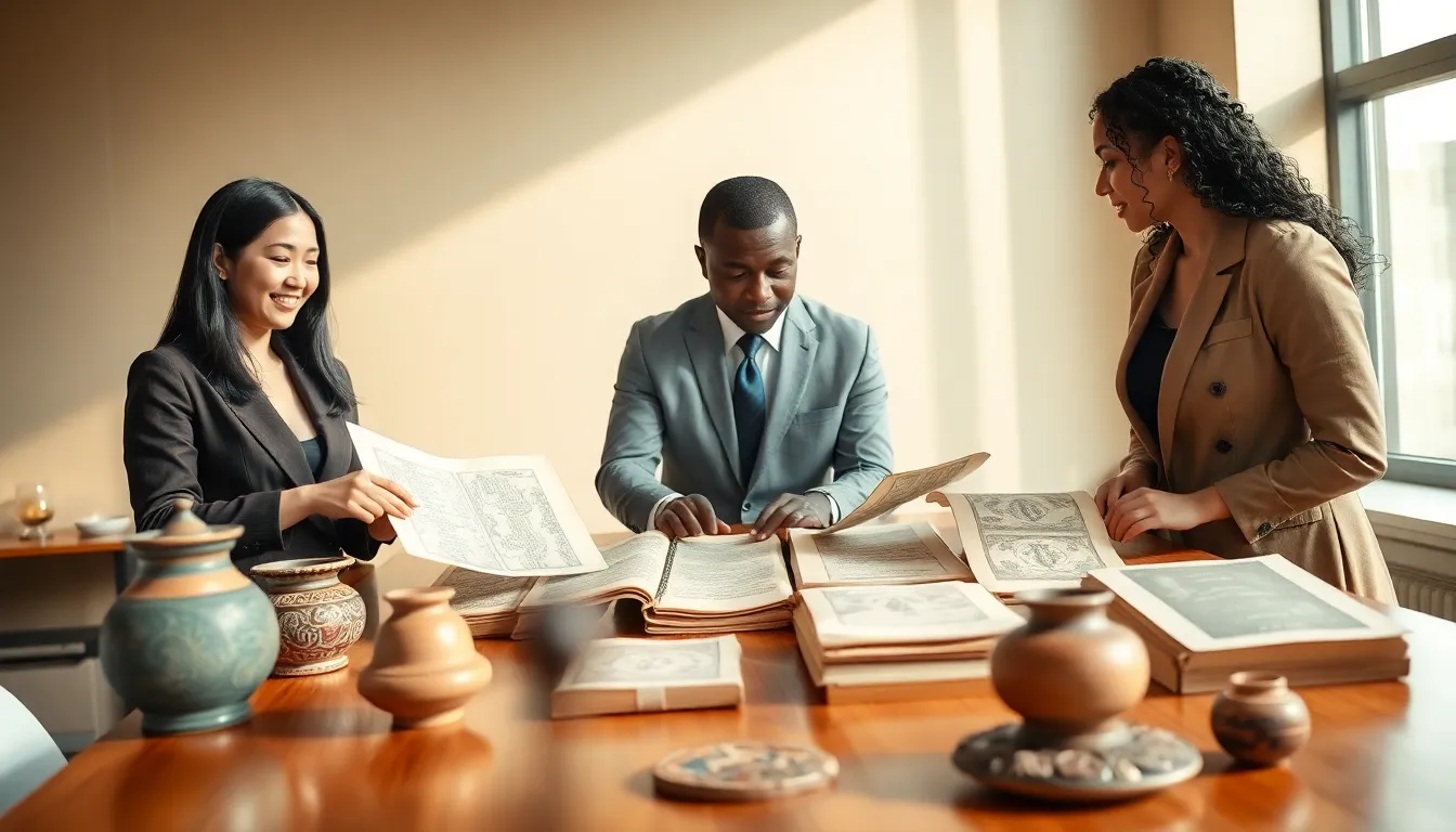 professionals discussing historical artifacts related to Avaunthai in a modern workspace.