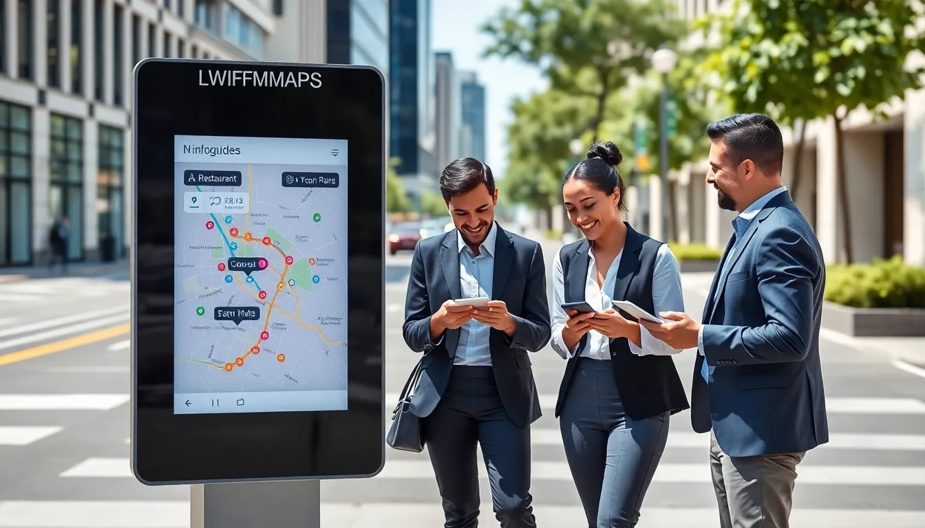 diverse professionals interacting with a digital infoguide map in an urban setting.