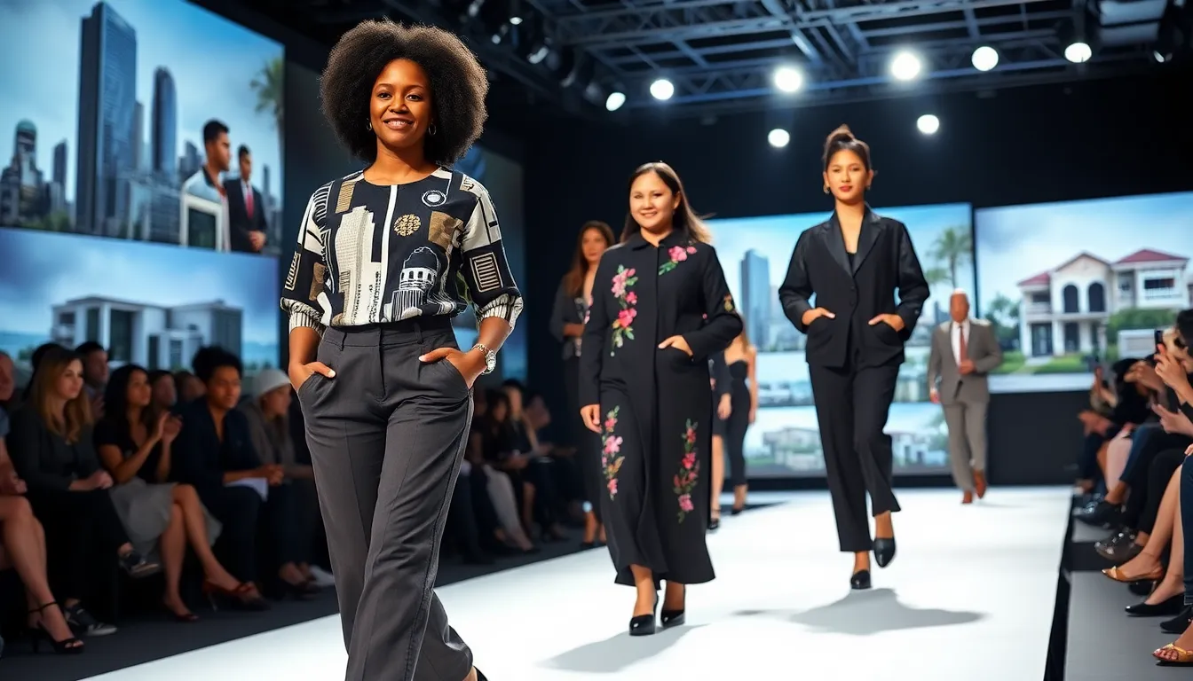 models on a runway showcasing clothing inspired by architecture and home decor.