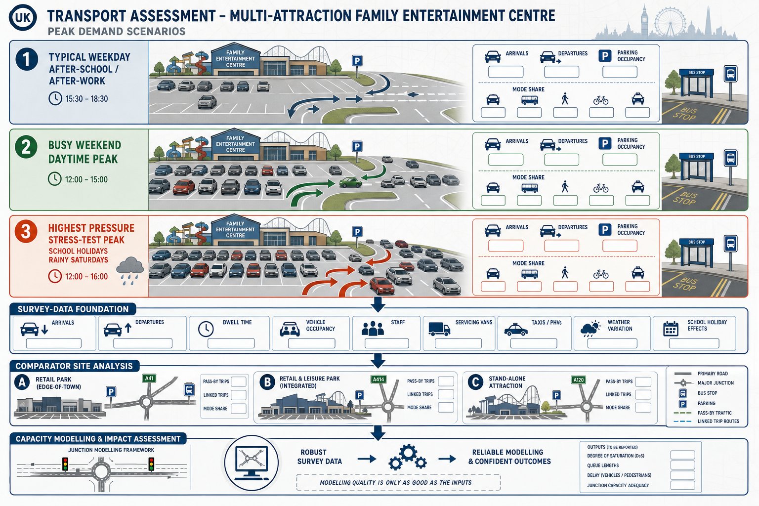 Infographic of peak demand scenarios and survey data for a UK leisure transport assessment.