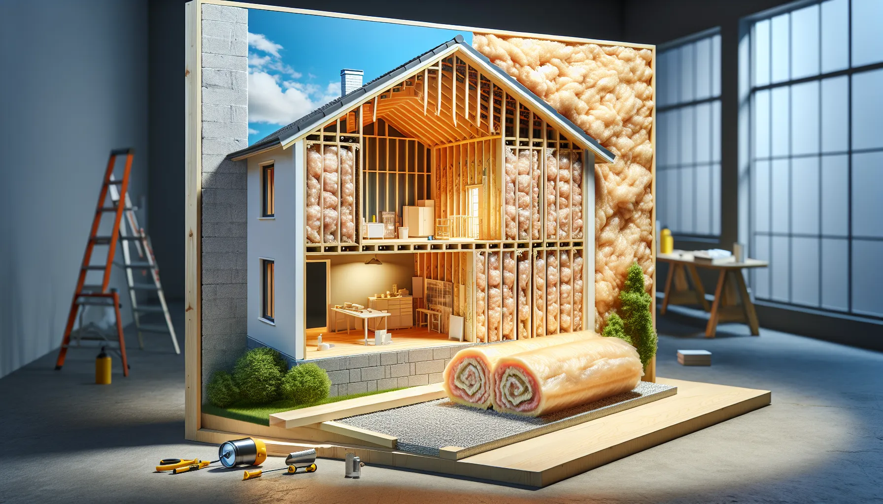 A wall cross-section with R-19 insulation materials in a construction setting.