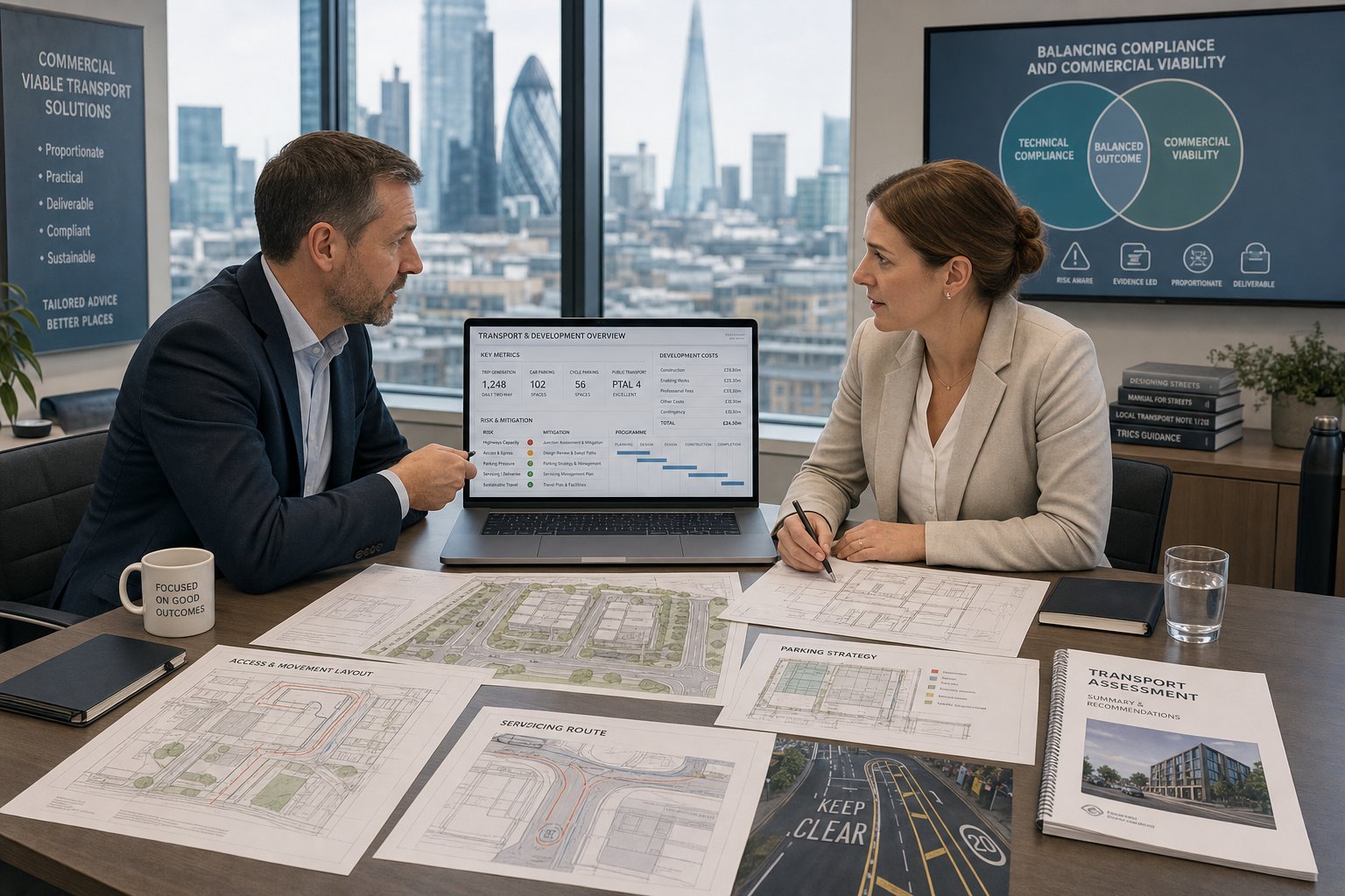 Transport consultant reviewing site plans and viability strategy in a modern office.