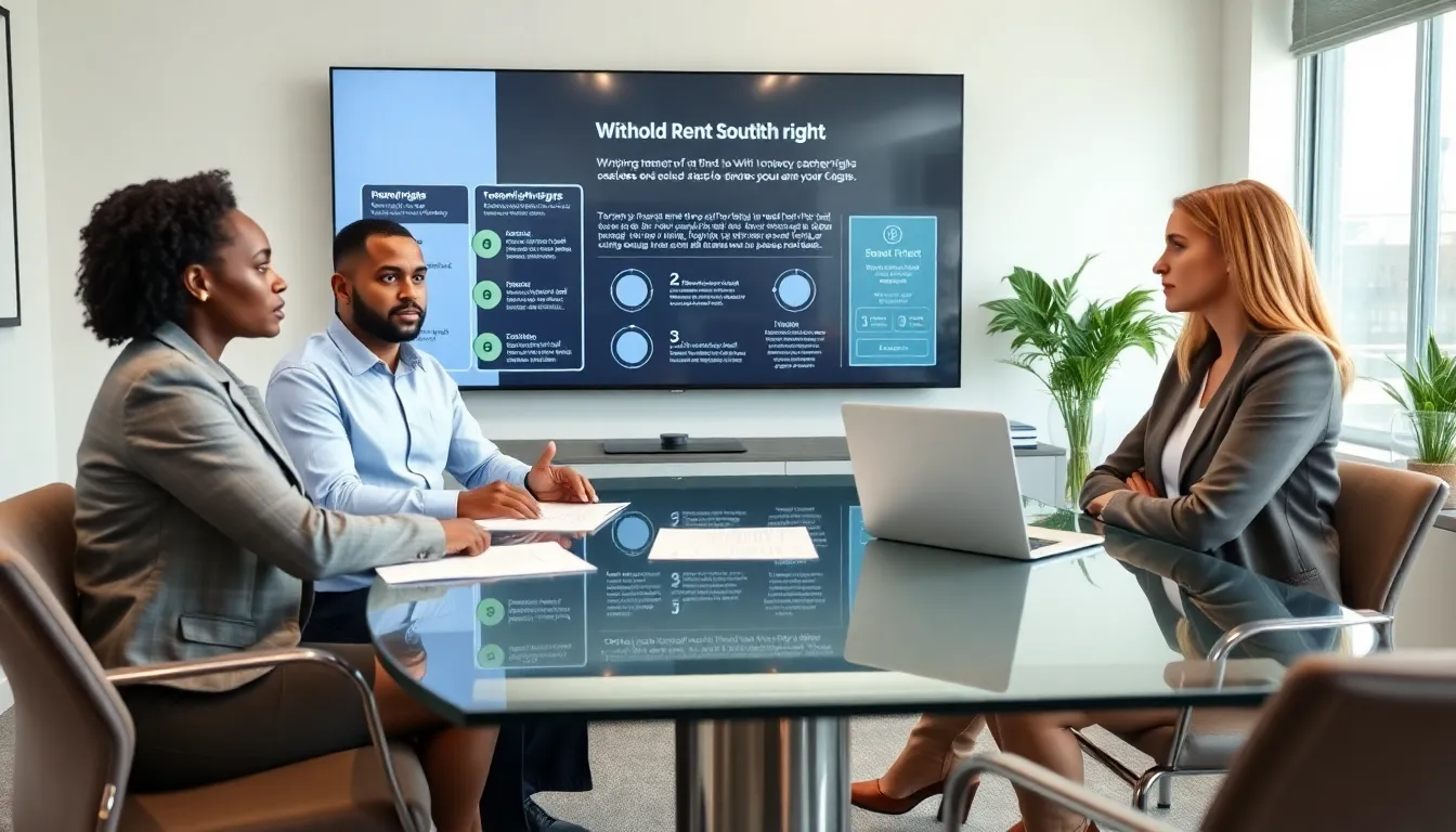 diverse tenants discussing their rights in a modern office.