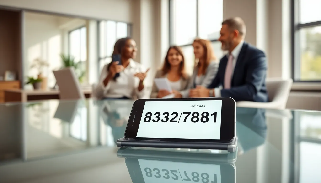 smartphone displaying toll-free number in a modern office setting.