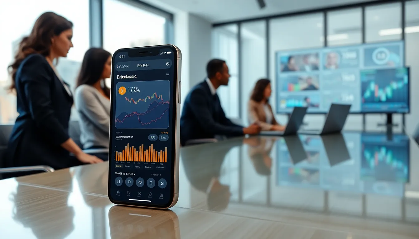 professionals discussing cryptocurrency in a modern office setting.