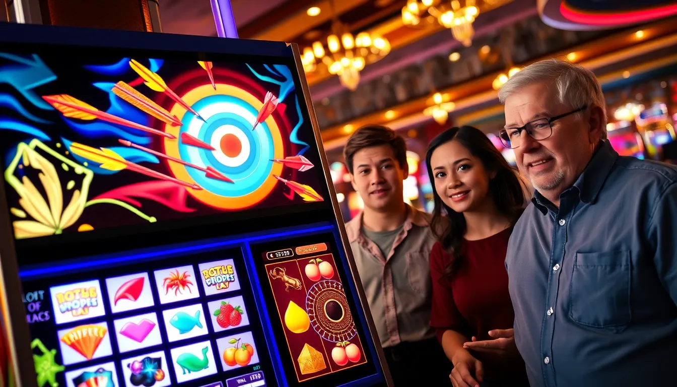 players enjoying the Lots Of Power Play Archer Slot machine in a lively casino.