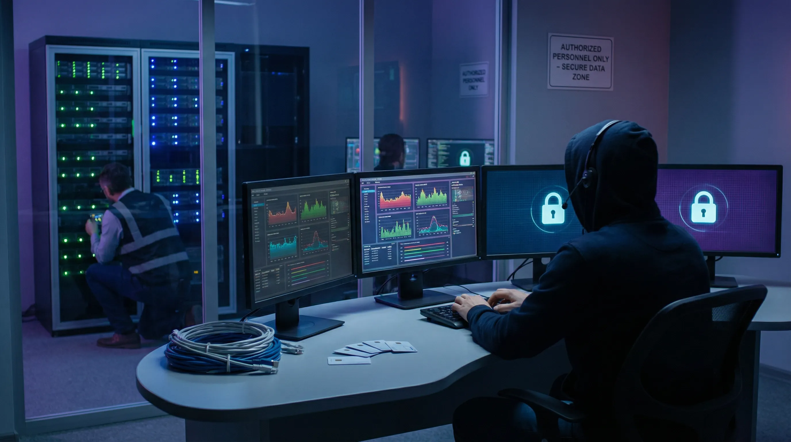 IT professionals in a secure office environment monitoring protected business data and controlled access systems for automations.