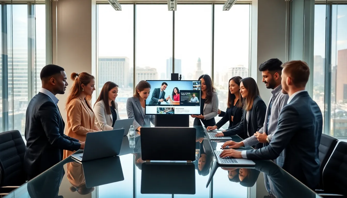 diverse team collaborating on digital content in a modern office.
