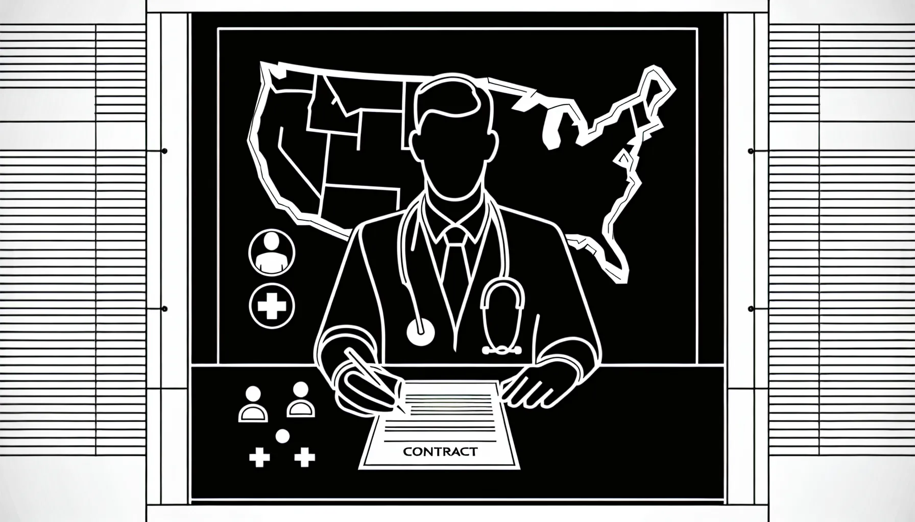 Physician at desk reviewing a contract with icons for notice, pay, tail insurance, noncompete and Physician Contract Termination Review