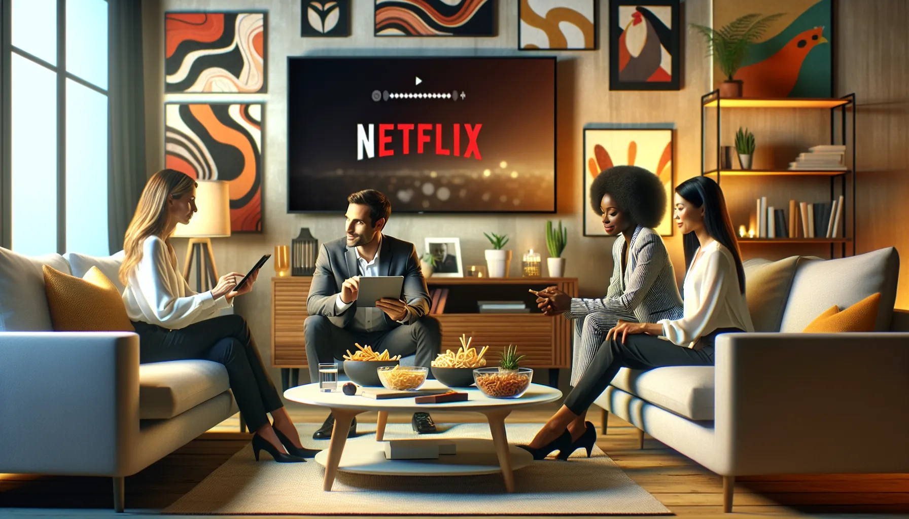 professionals selecting movies in a cozy living room.