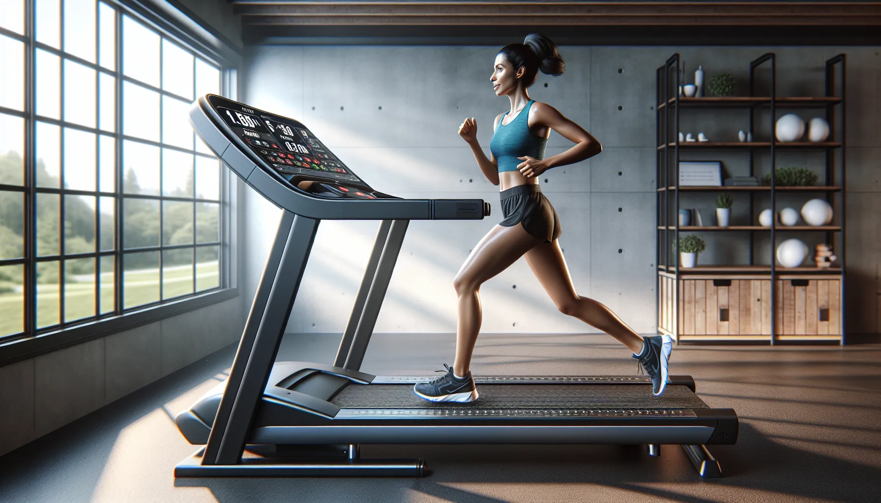 Marathoner trains on a high-end home treadmill with hill workout display.