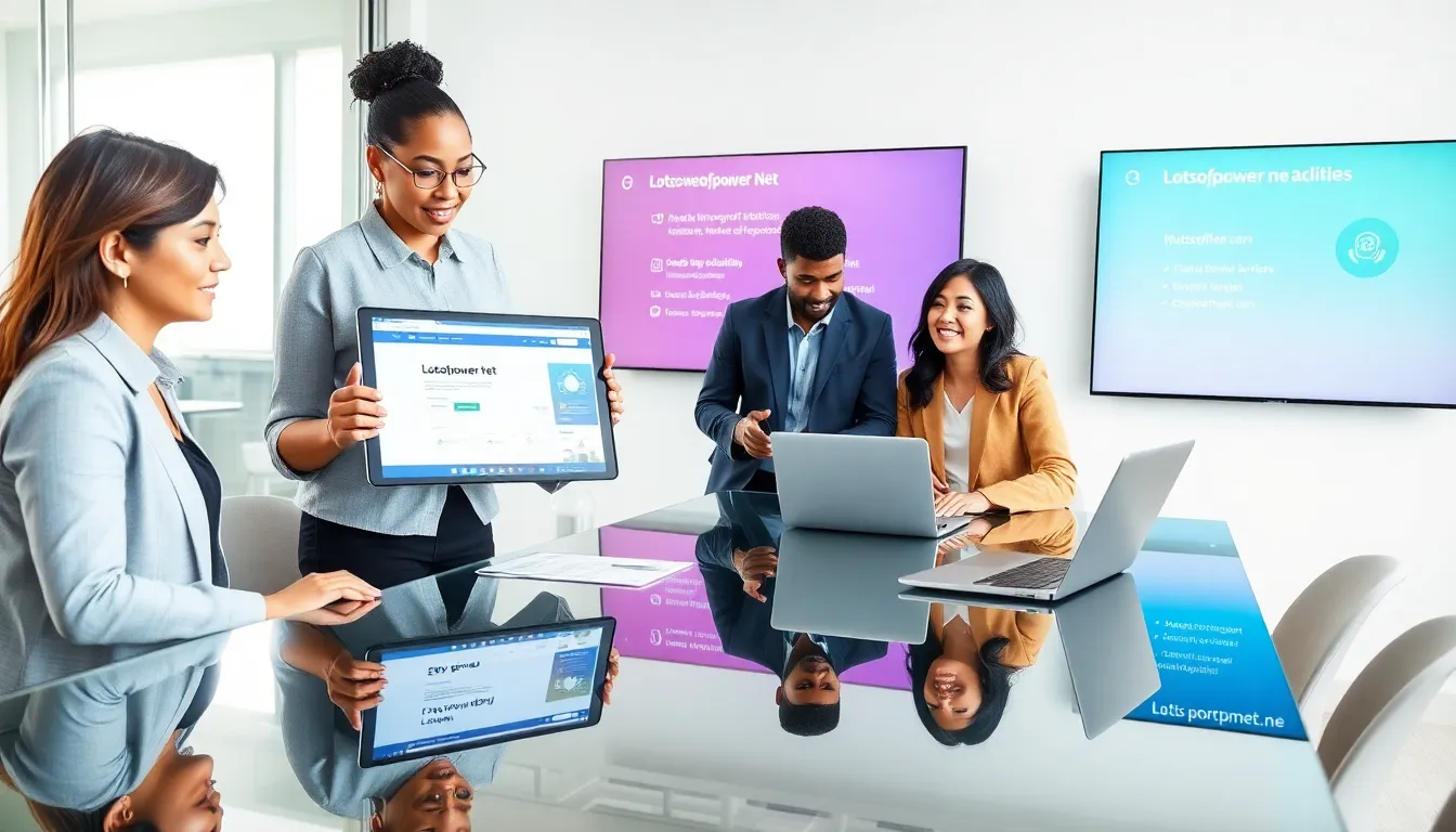 diverse team discussing Lotsofpower Net in a modern office.