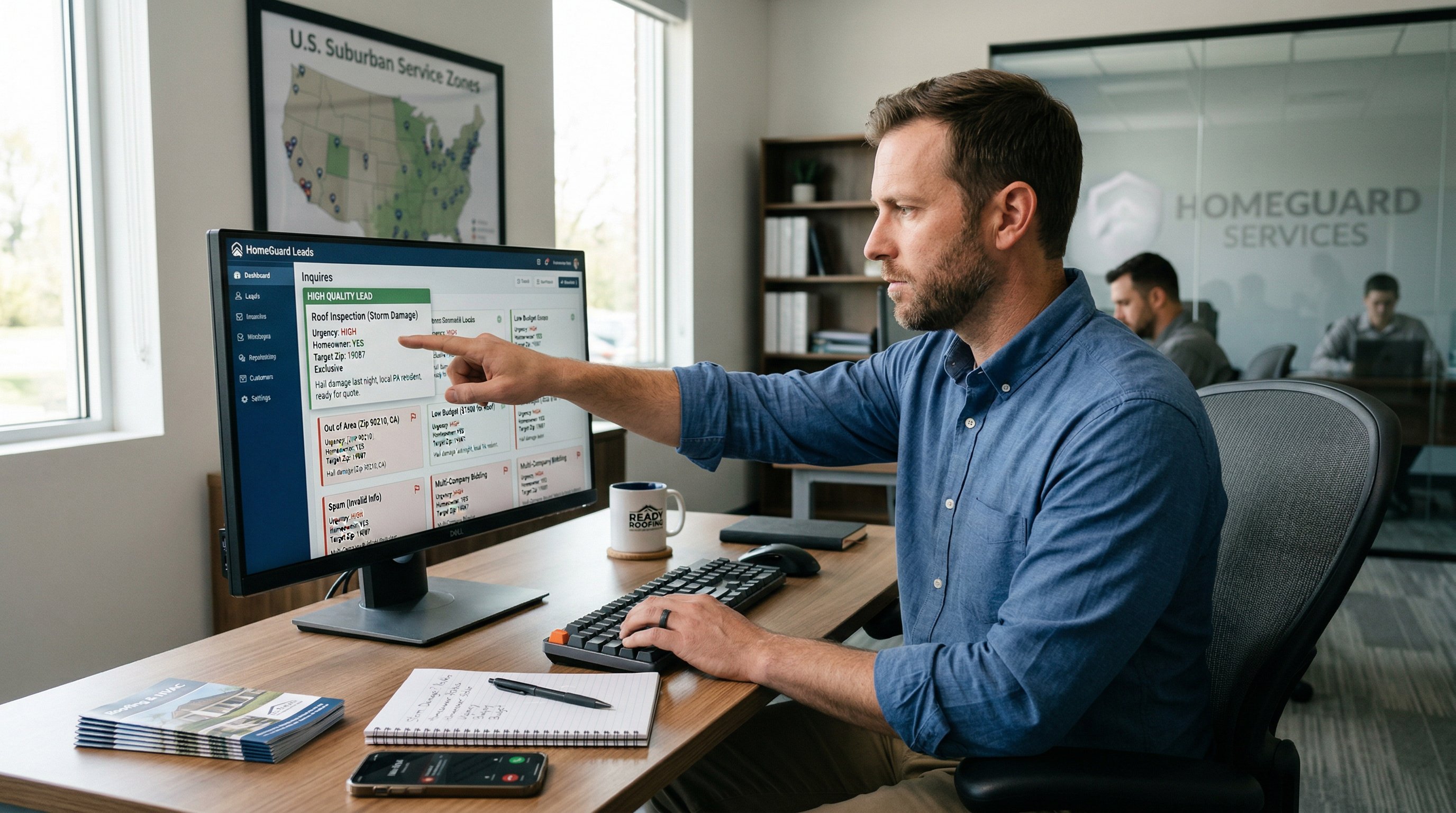 a sales manager reviewing good and bad customer leads at a desk