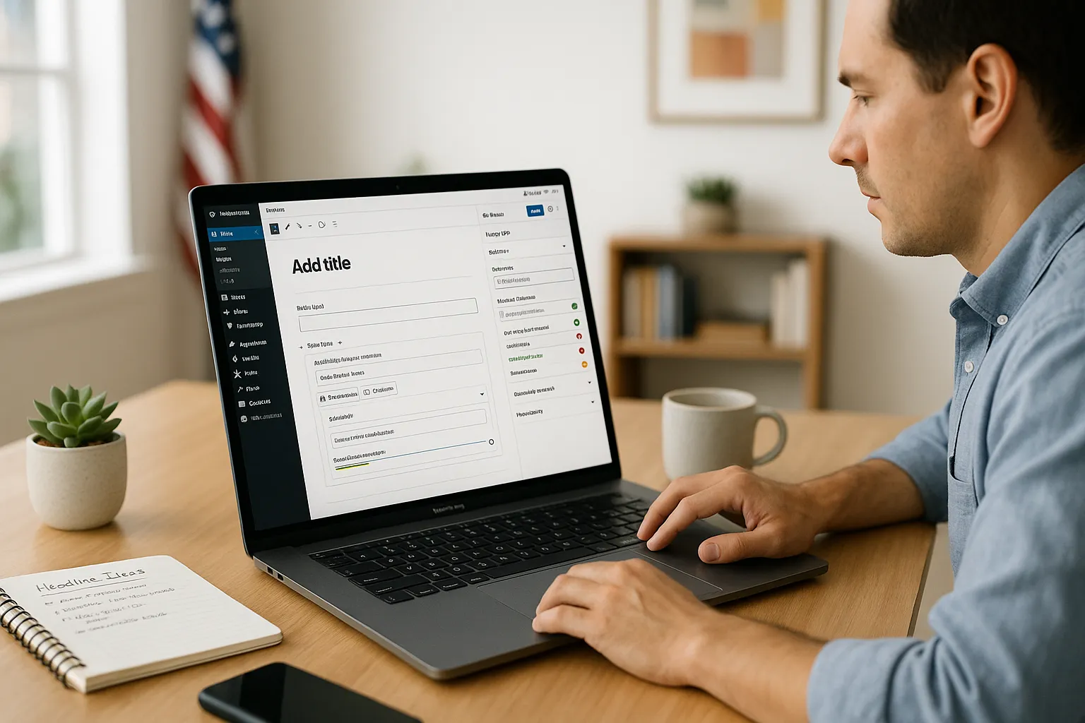 Professional using Yoast SEO in WordPress on a laptop in a modern home office.