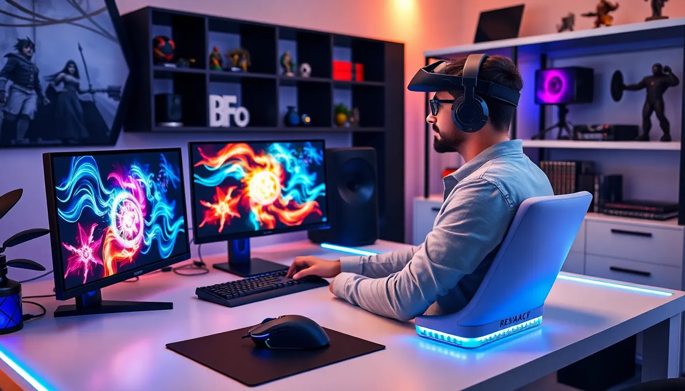 gamer in a modern office engaged in RuneScape magic training.