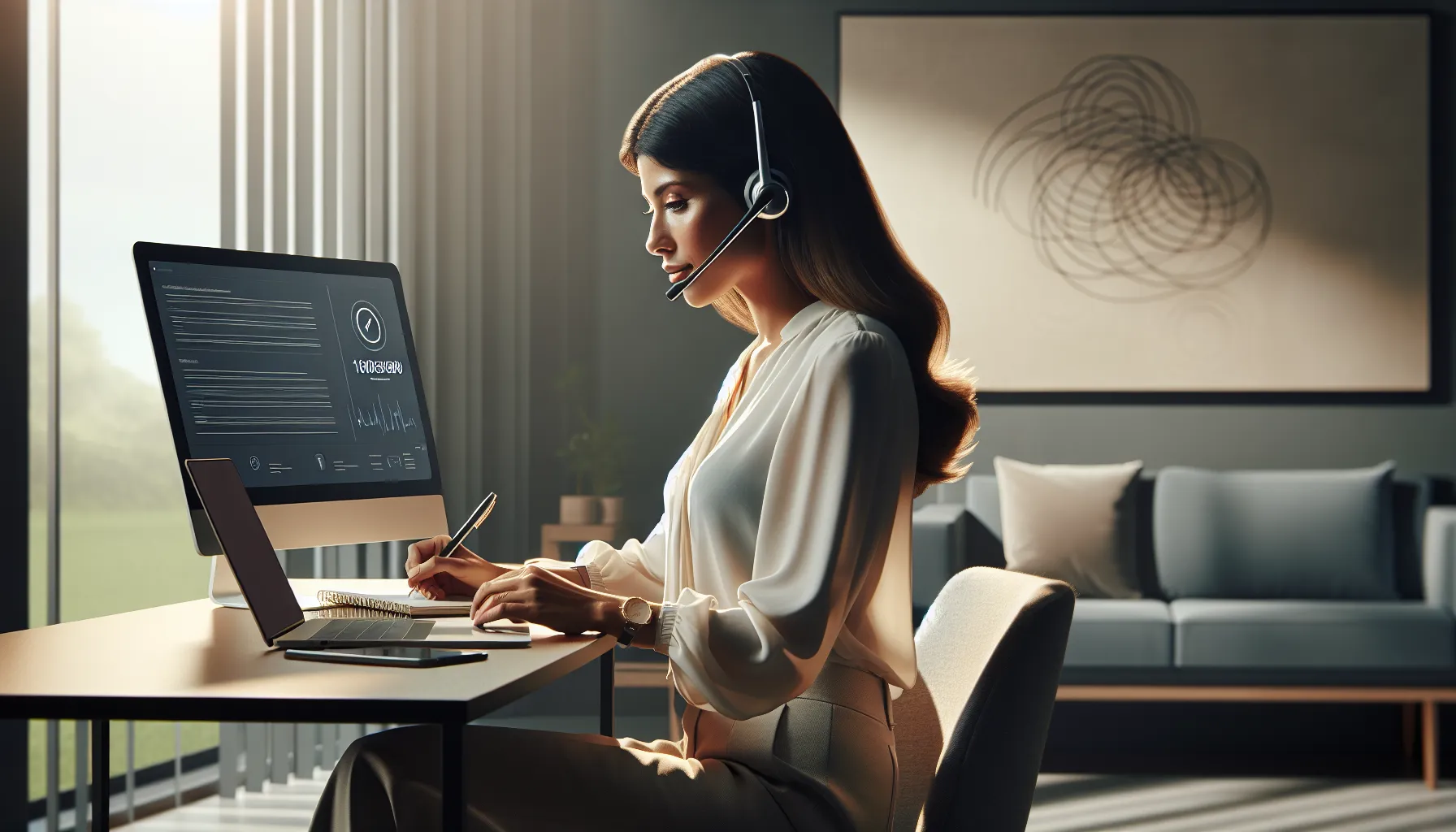 Customer service representative in a modern office taking a call.