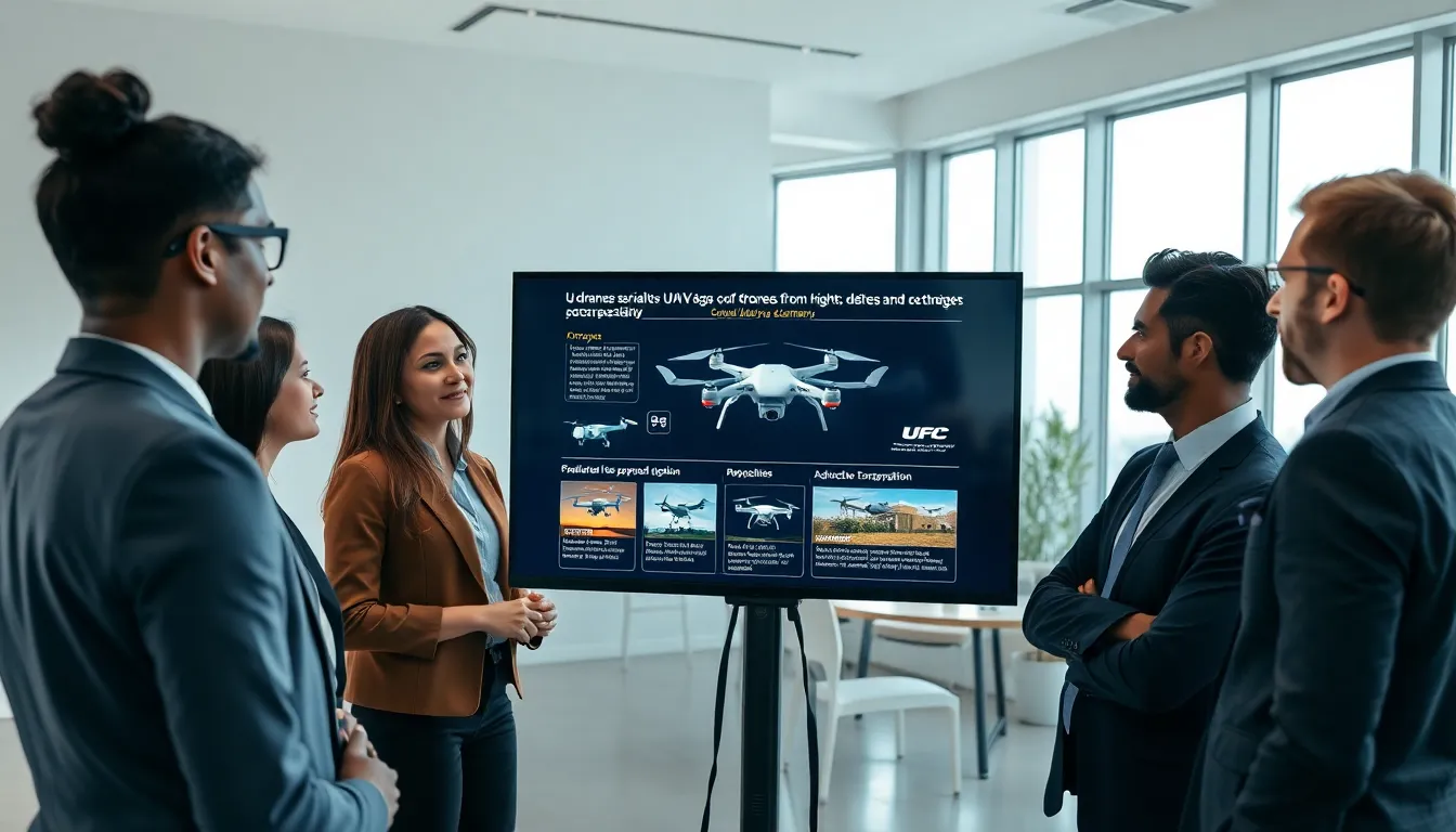 professionals discussing drones and their applications in a modern office.