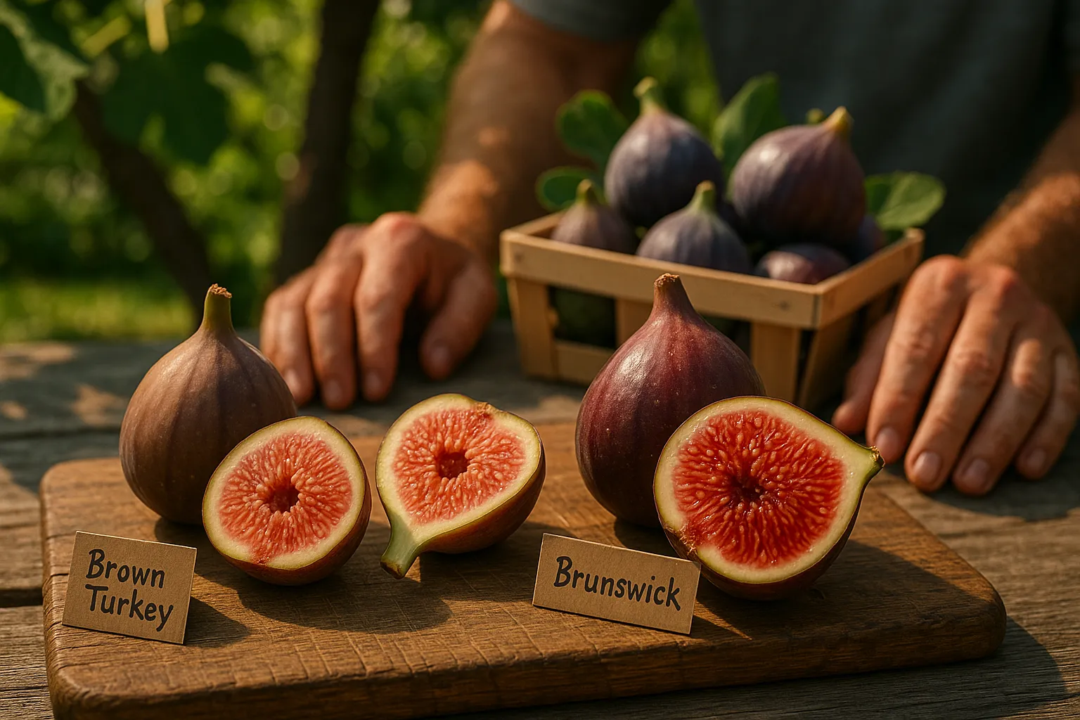 Close-up of Brown Turkey and larger red-fleshed Brunswick figs on a cutting board.