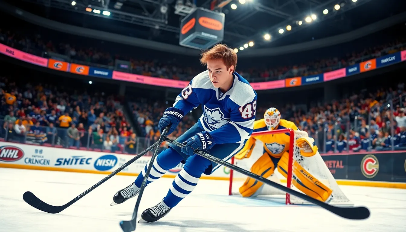 A hockey player dribbles a puck while a goalie dives to block a shot.