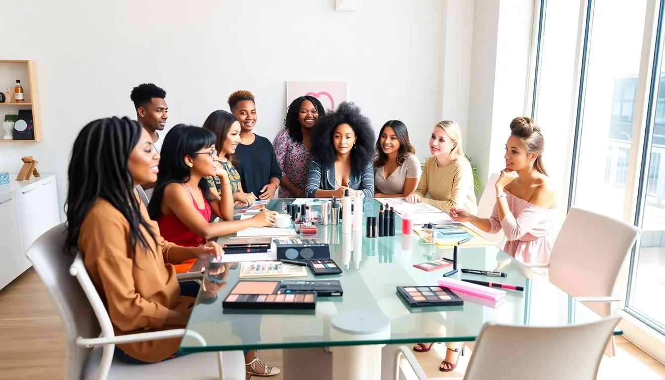 diverse beauty enthusiasts collaborating in a modern workspace.