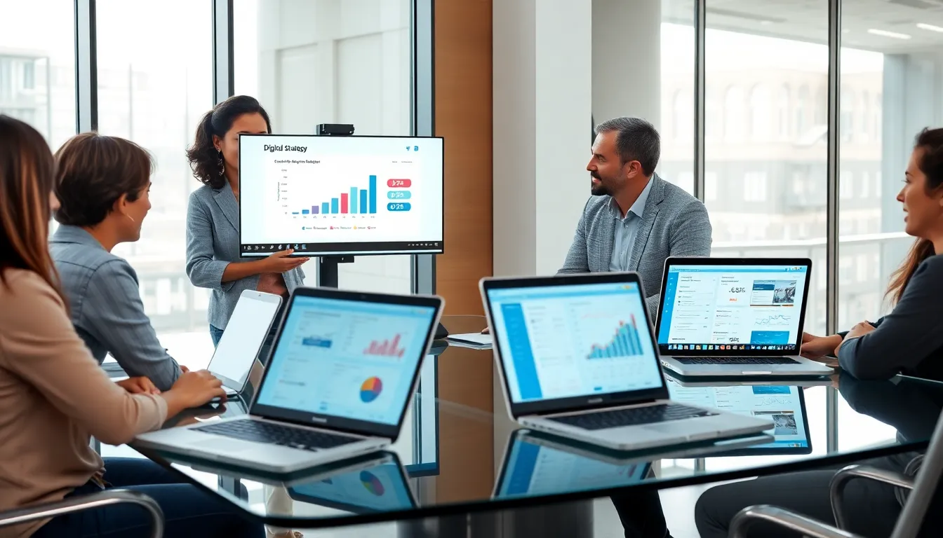diverse team collaborating on digital strategies in a modern office.