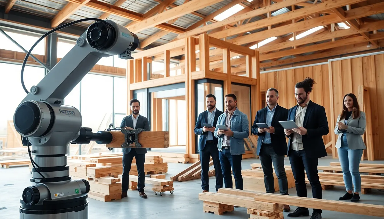 modern construction site with advanced robotics and diverse engineers.
