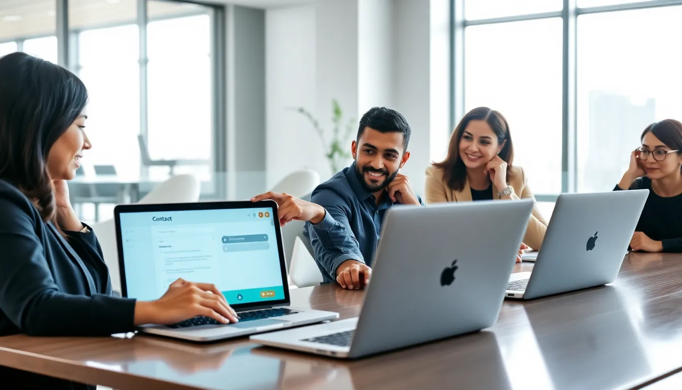 diverse team collaborating around a contact form interface in a modern office.
